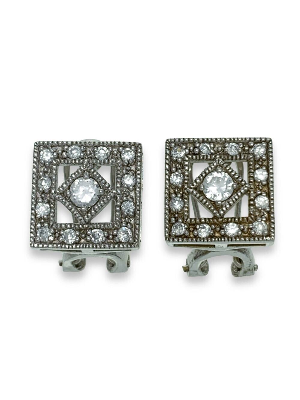 Square Milgrain Cut Out Clear Crystal Earrings | Vintage Sterling Silver 925